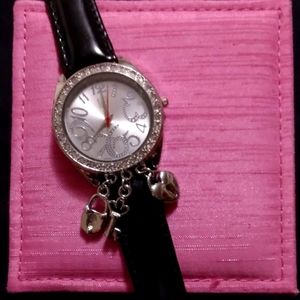 Watch with charms, black band, reinstone face, never worn, new battery